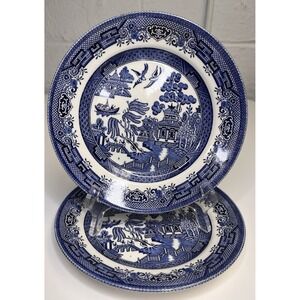 Churchill Blue Willow 8" Salad Plates Set of 2 England Cottage Decor